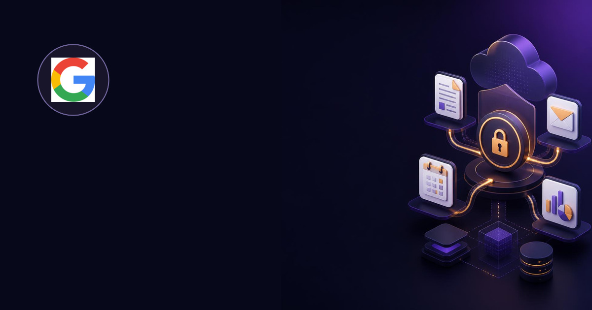 Google Workspace MCP Adds an Agentic OAuth Requirement — Leadous Articles & Insights Dark Google Workspace illustration with the multicolor Google G logo and document, email, calendar, and reporting tools connected through a secure OAuth gateway.