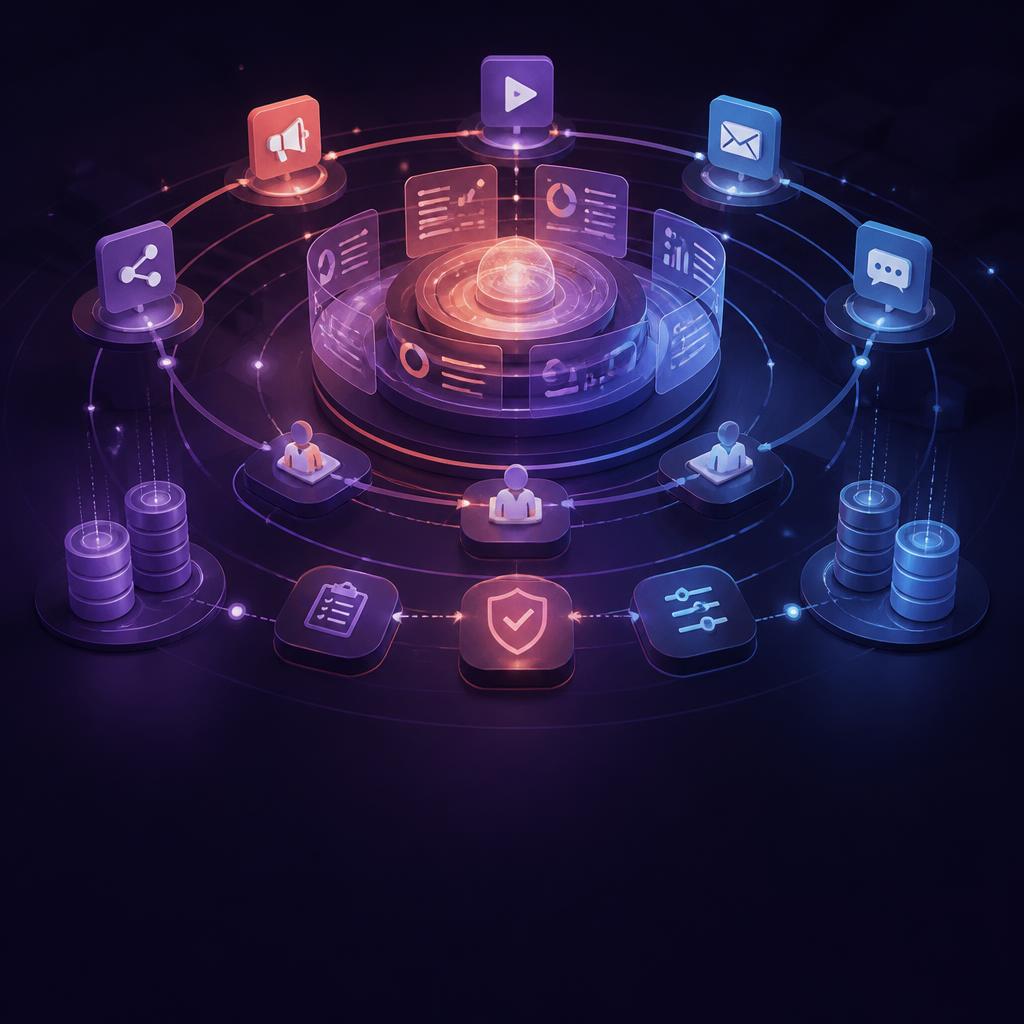 Introducing Leadous Orbit™ The AI Operational Intelligence Framework for Connected Marketing Execution — Leadous Articles & Insights Illustration of connected marketing workflows around an operational intelligence hub.