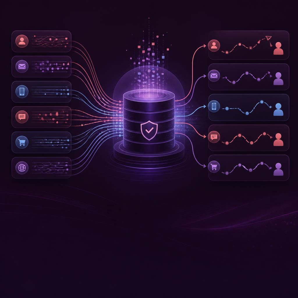 Why Enterprises Are Rebuilding Marketing Automation Around the Data Warehouse — Leadous Articles & Insights Illustration of marketing data streams feeding a central warehouse and coordinated journeys.
